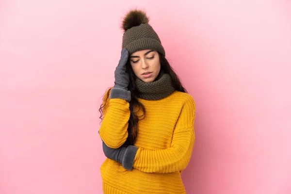 Young Caucasian Girl Winter Hat Isolated Purple Background Headache — Stockfoto