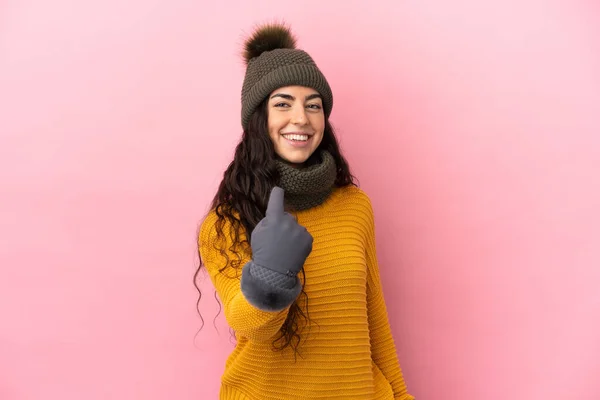 Young Caucasian Girl Winter Hat Isolated Purple Background Doing Coming — Stock Fotó