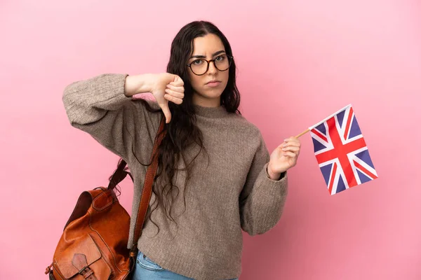 Young Caucasian Woman Holding United Kingdom Flag Isolated Pink Background — 스톡 사진