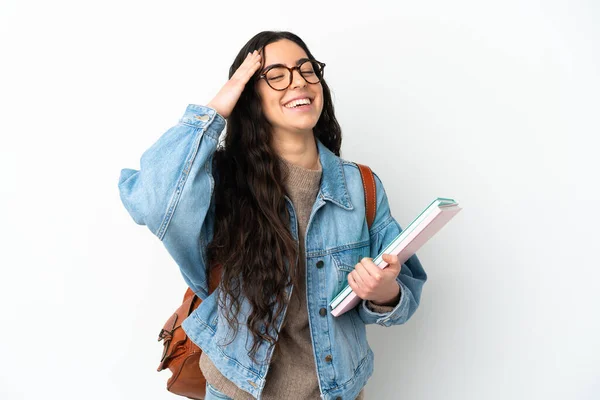 Jovem Estudante Mulher Isolada Fundo Branco Sorrindo Muito — Fotografia de Stock