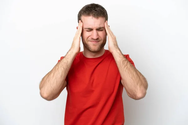 Ung Kaukasisk Man Isolerad Vit Bakgrund Med Huvudvärk — Stockfoto