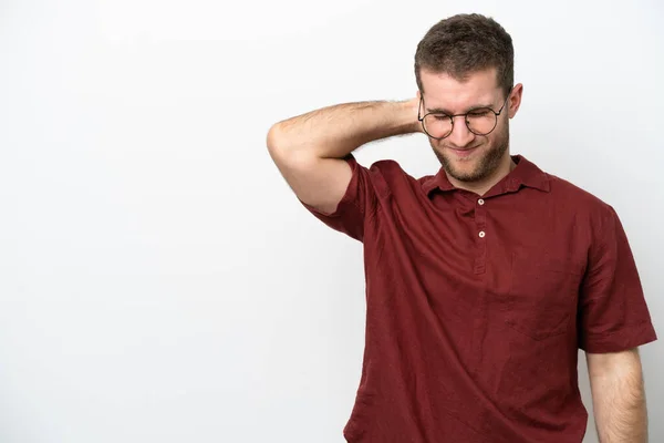 Jonge Blanke Man Geïsoleerd Witte Achtergrond Met Neckache — Stockfoto