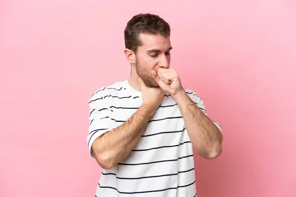 Young Caucasian Man Isolated Pink Background Coughing Lot — Stock Photo, Image