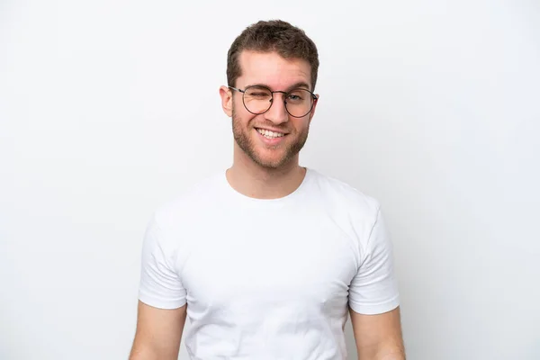 Young Caucasian Man Isolated White Background Glasses Happy Expression — Stockfoto