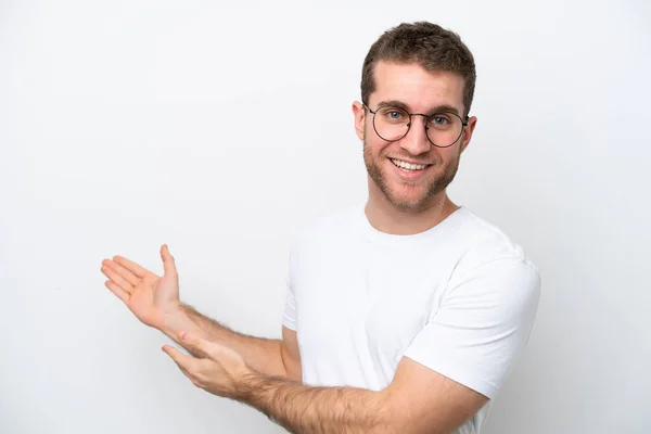 Young Caucasian Man Isolated White Background Glasses Presenting Something — Stock fotografie