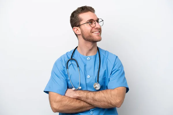 Young Surgeon Doctor Caucasian Man Isolated White Background Happy Smiling — Stockfoto