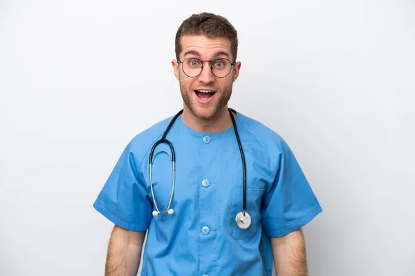 Young Surgeon Doctor Caucasian Man Isolated White Background Surprise Facial — 스톡 사진