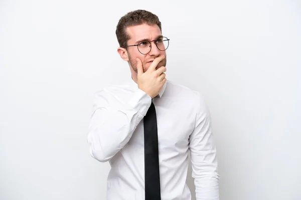 Young Business Caucasian Man Isolated White Background Having Doubts Confuse — Zdjęcie stockowe