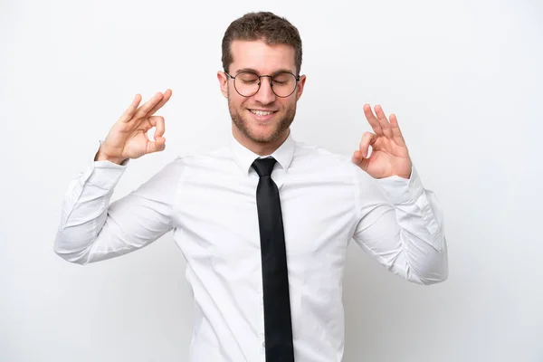 Young Business Caucasian Man Isolated White Background Zen Pose — Stockfoto