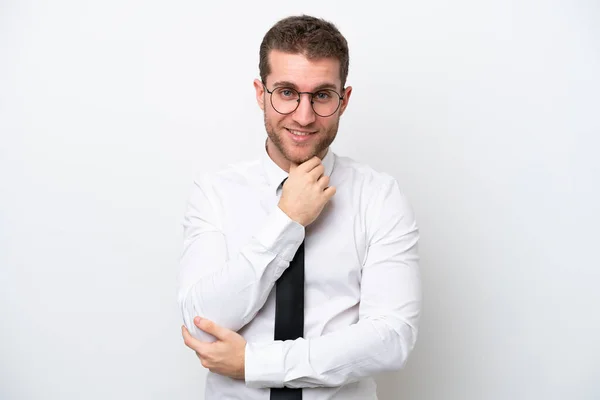 Young Business Caucasian Man Isolated White Background Glasses Smiling — Stockfoto