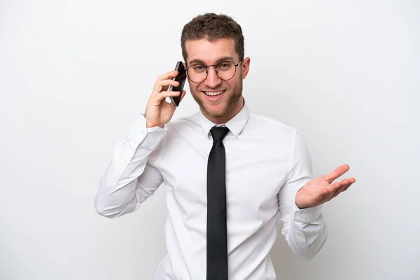 Young Business Caucasian Man Isolated White Background Keeping Conversation Mobile — Zdjęcie stockowe