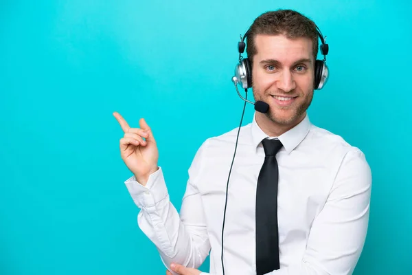 Telemarketer Caucasian Man Working Headset Isolated Blue Background Pointing Finger — Zdjęcie stockowe