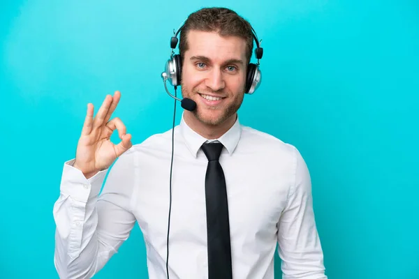Telemarketer Caucasian Man Working Headset Isolated Blue Background Showing Sign — Foto de Stock