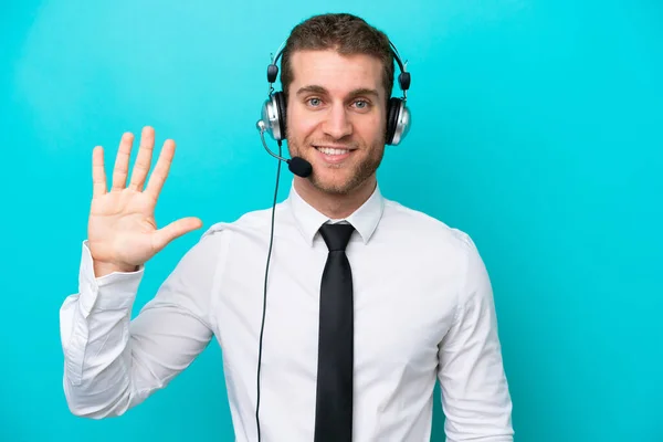 Telemarketer Caucasian Man Working Headset Isolated Blue Background Counting Five — Zdjęcie stockowe