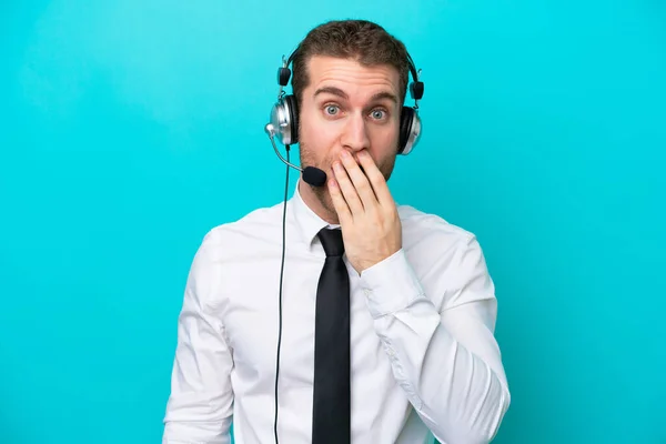 Telemarketer Caucasian Man Working Headset Isolated Blue Background Surprised Shocked — Zdjęcie stockowe