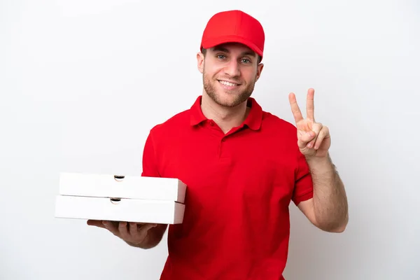 Pizza Delivery Caucasian Man Work Uniform Picking Pizza Boxes Isolated — Photo