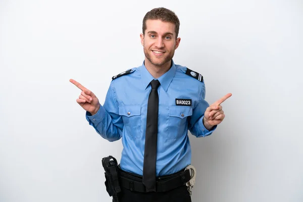 Young Police Caucasian Man Isolated White Background Pointing Finger Laterals — Stok fotoğraf