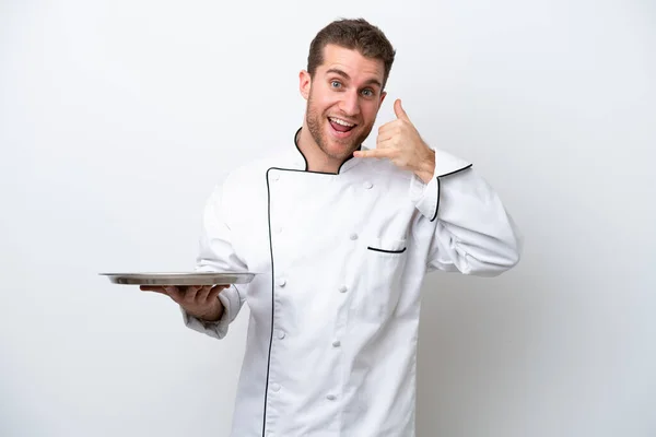 Young Caucasian Chef Tray Isolated White Background Making Phone Gesture — Photo