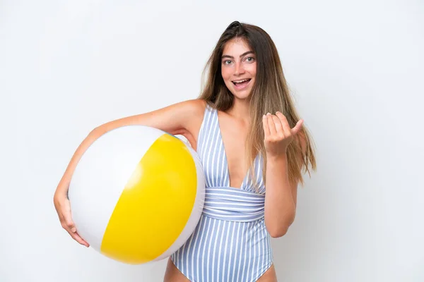 Young Woman Swimsuit Holding Beach Ball Isolated White Background Inviting — Stockfoto