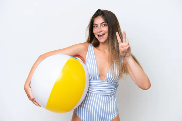 Young Woman Swimsuit Holding Beach Ball Isolated White Background Smiling — Foto de Stock