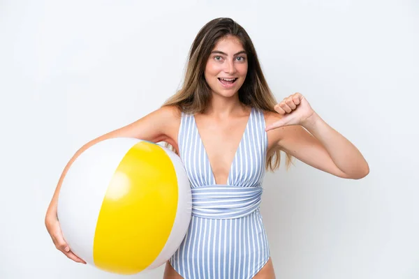 Young Woman Swimsuit Holding Beach Ball Isolated White Background Proud —  Fotos de Stock