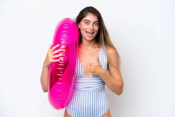 Young Woman Swimsuit Holding Air Mattress Donut Isolated White Background — Foto Stock