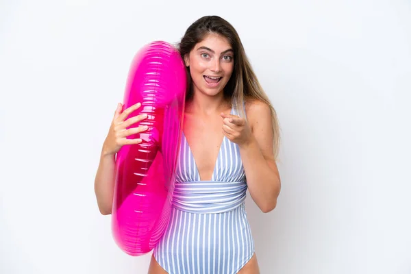 Young Woman Swimsuit Holding Air Mattress Donut Isolated White Background — Zdjęcie stockowe