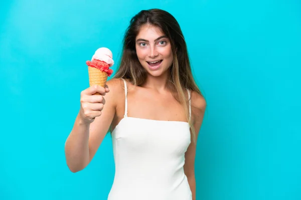 Young Woman Swimsuit Holding Ice Cream Isolated Blue Background Happy — 스톡 사진