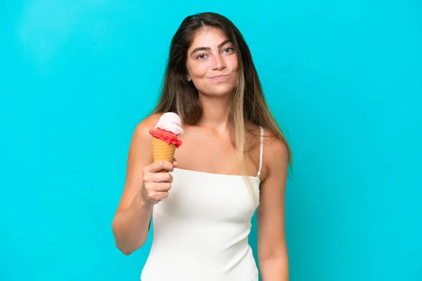 Young Woman Swimsuit Holding Ice Cream Isolated Blue Background Sad — Stockfoto