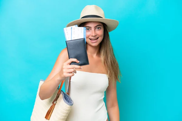 Young Woman Swimsuit Holding Passport Isolated Blue Background Happy Expression — Stockfoto