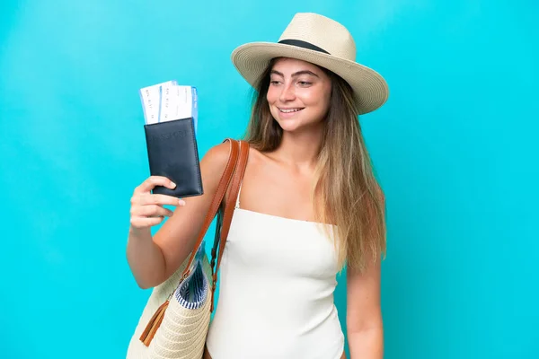 Young Woman Swimsuit Holding Passport Isolated Blue Background Happy Expression — Stockfoto