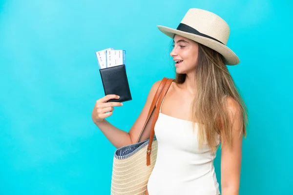 Young Woman Swimsuit Holding Passport Isolated Blue Background Happy Expression — Stockfoto