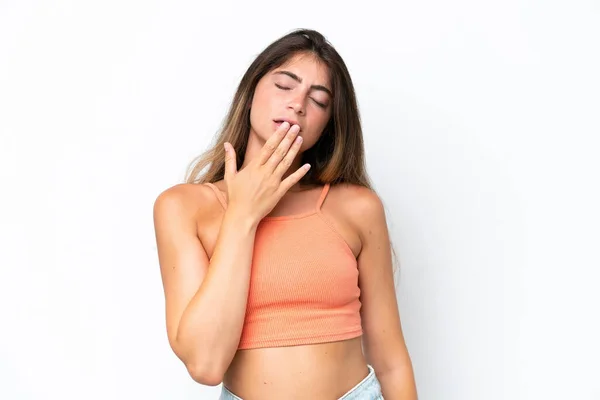 Young Caucasian Woman Isolated White Background Yawning Covering Wide Open — Stock Photo, Image