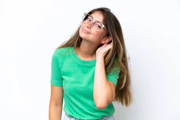 Young Caucasian Woman Isolated White Background Listening Something Putting Hand — Stock Photo, Image