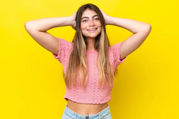 Young Caucasian Woman Isolated Yellow Background Laughing — Stock Photo, Image