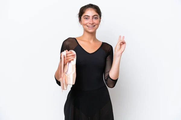 Young Caucasian Woman Practicing Ballet Isolated White Background Smiling Showing — Photo