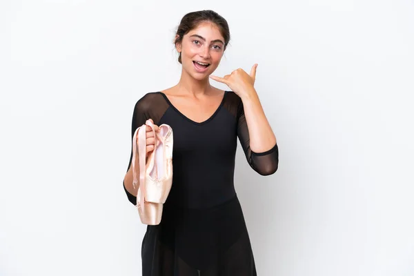 Young Caucasian Woman Practicing Ballet Isolated White Background Making Phone — Stockfoto