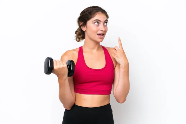 Young Sport Caucasian Woman Making Weightlifting Isolated White Background Thinking — Fotografia de Stock