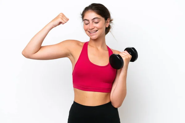 Young Sport Caucasian Woman Making Weightlifting Isolated White Background Doing — Foto Stock