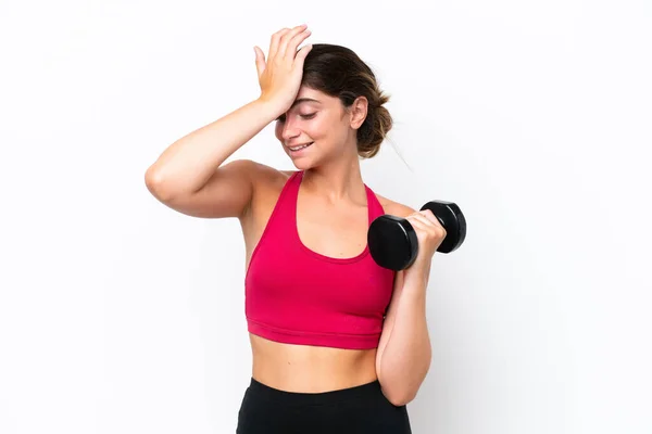 Young Sport Caucasian Woman Making Weightlifting Isolated White Background Has — Fotografia de Stock