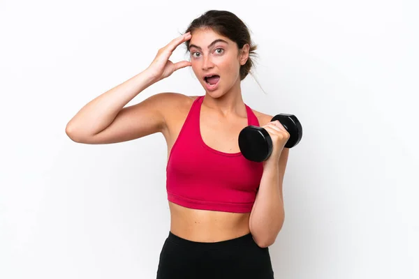 Young Sport Caucasian Woman Making Weightlifting Isolated White Background Surprise — Foto Stock