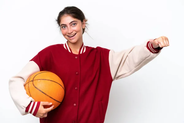 Young Basketball Player Woman Isolated White Background Giving Thumbs Gesture — 图库照片