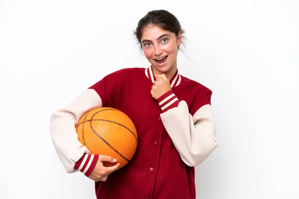 Ung Basketspelare Kvinna Isolerad Vit Bakgrund Firar Seger — Stockfoto