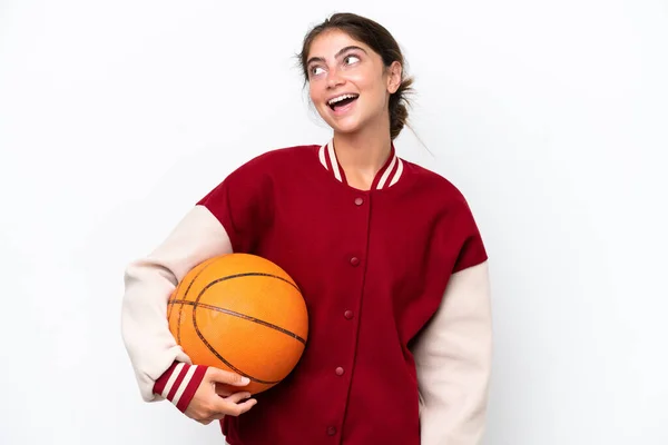 Young Basketball Player Woman Isolated White Background Laughing — Stock Photo, Image
