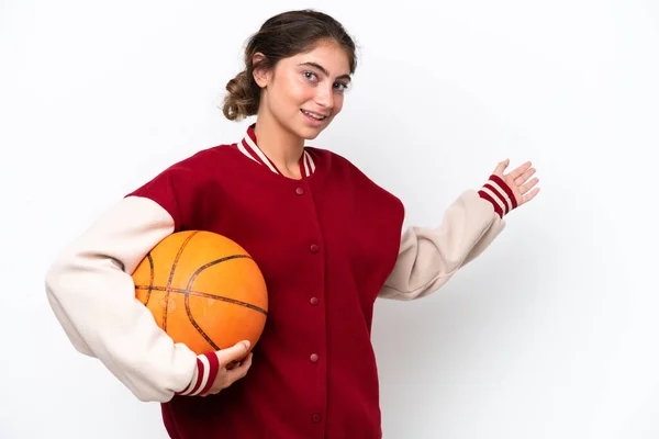 Young Basketball Player Woman Isolated White Background Extending Hands Side —  Fotos de Stock