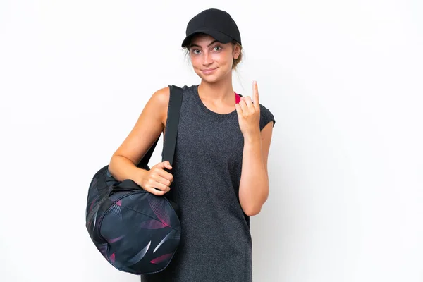 Young Sport Woman Sport Bag Isolated White Background Pointing Index —  Fotos de Stock