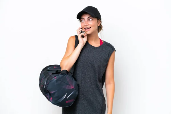 Young Sport Woman Sport Bag Isolated White Background Keeping Conversation —  Fotos de Stock