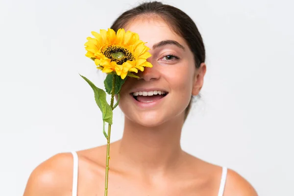 Young Pretty Caucasian Woman Isolated White Background Holding Sunflower While — Stock Photo, Image