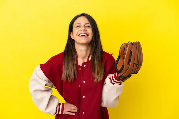 Young Caucasian Woman Playing Baseball Isolated Yellow Background Posing Arms — Stock fotografie