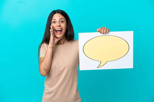 Young Woman Isolated Background Holding Placard Speech Bubble Icon Shouting — Fotografia de Stock